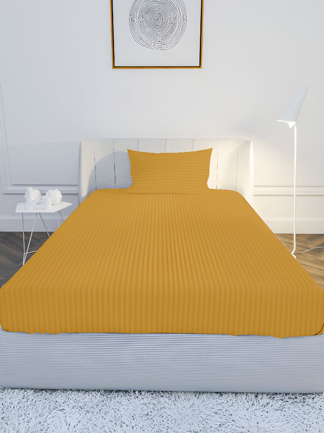 MAYFAIR HOMES LONDON Yellow Striped Pure Cotton 210 TC Single Fine Bedsheet with a Pillow Cover-224 x 152 cm