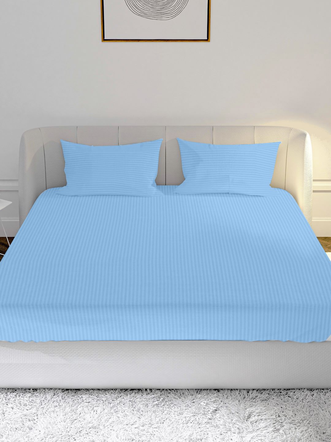 MAYFAIR HOMES LONDON Blue Striped Pure Cotton 210 TC Queen Fine Bedsheet with 2 Pillow Covers-88 x 100 inches