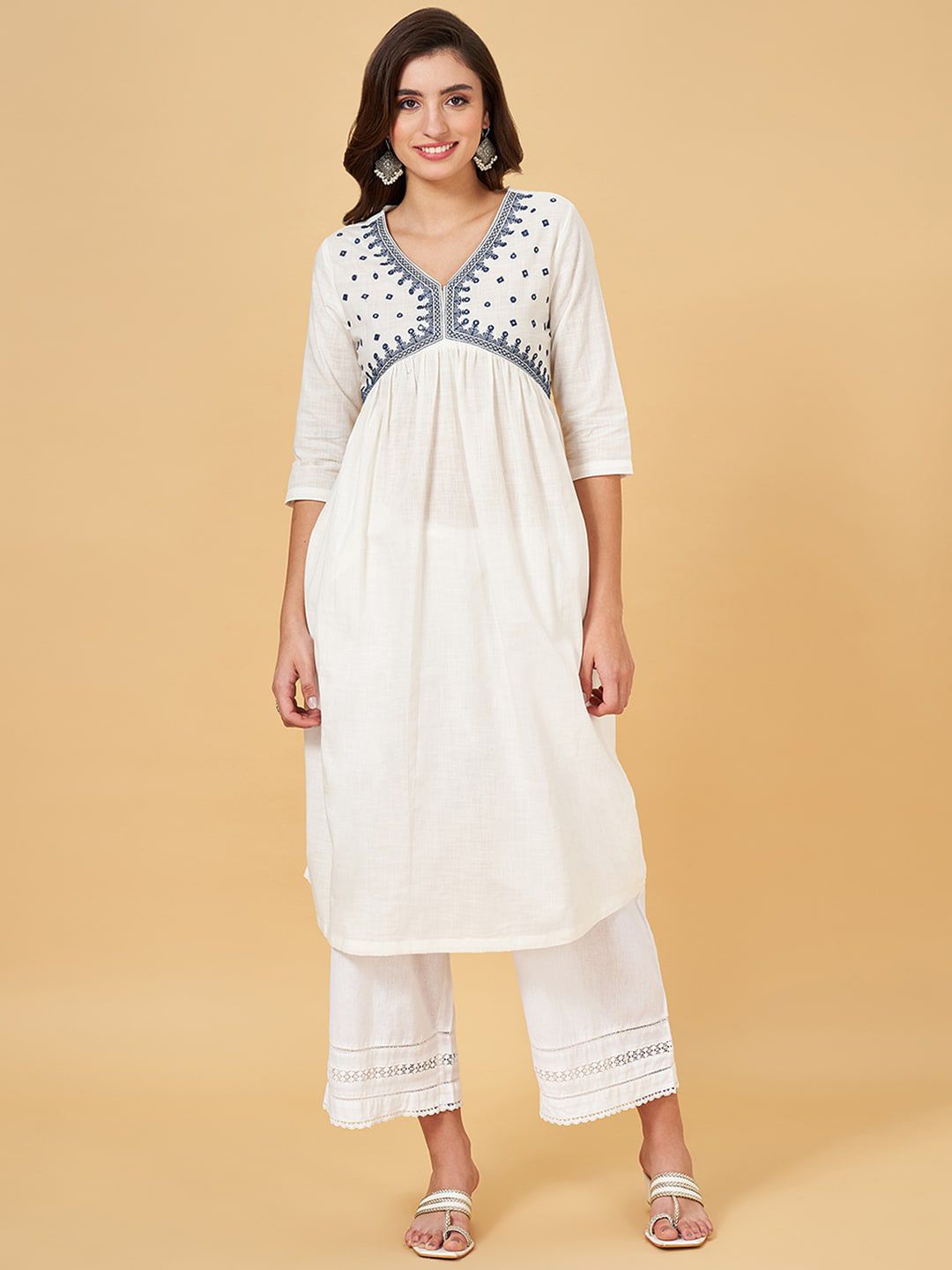 RANGMANCH BY PANTALOONS Geometric Yoke Design Mirror Work Cotton Empire A-Line Kurta