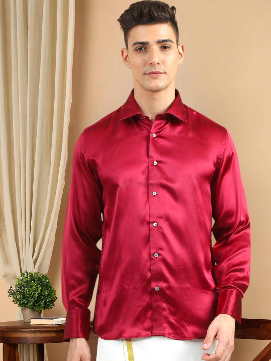 TATTVA Classic Spread Collar Long Sleeves Pure Silk Casual Shirt