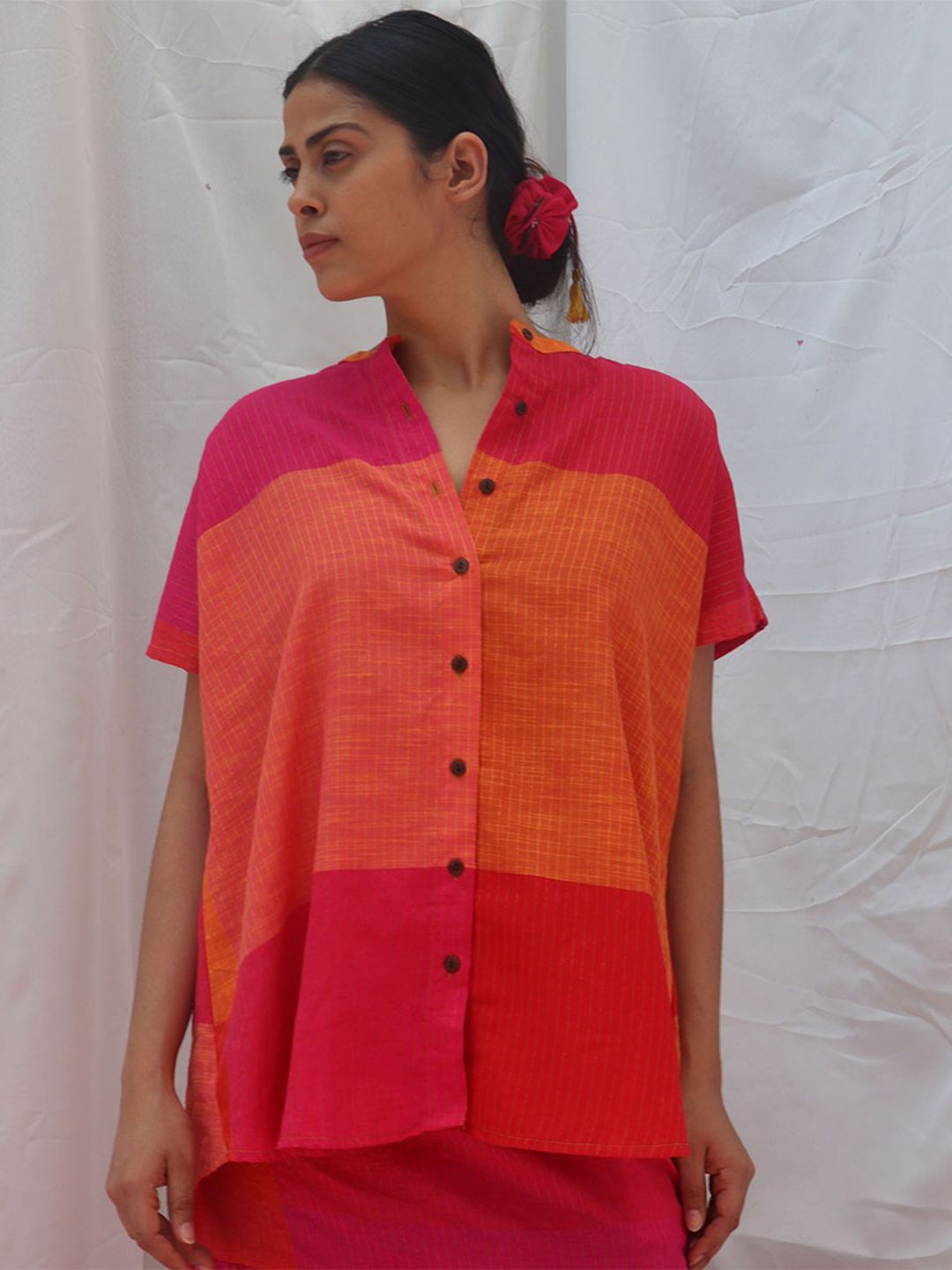 Chidiyaa Striped Mandarin Collar Extended Sleeves Cotton Shirt Style Top