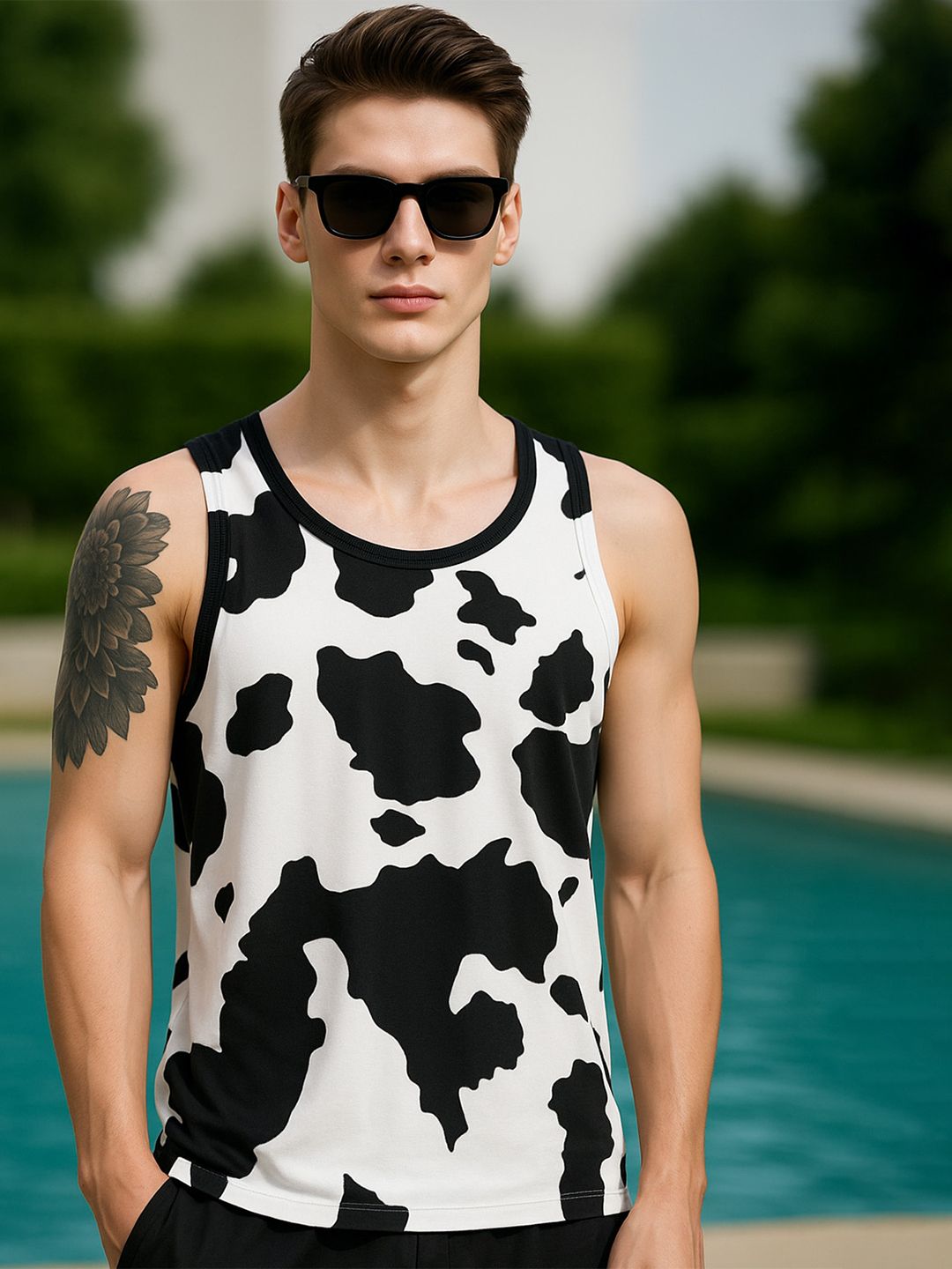 VEIRDO White & Black Abstract Printed Sleeveless Pure Cotton T-shirt