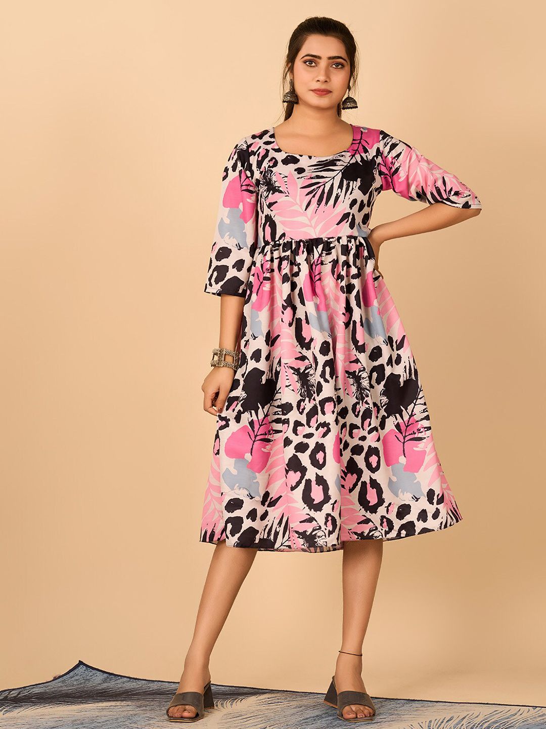 flaher Tropical Print Crepe Fit & Flare Dress