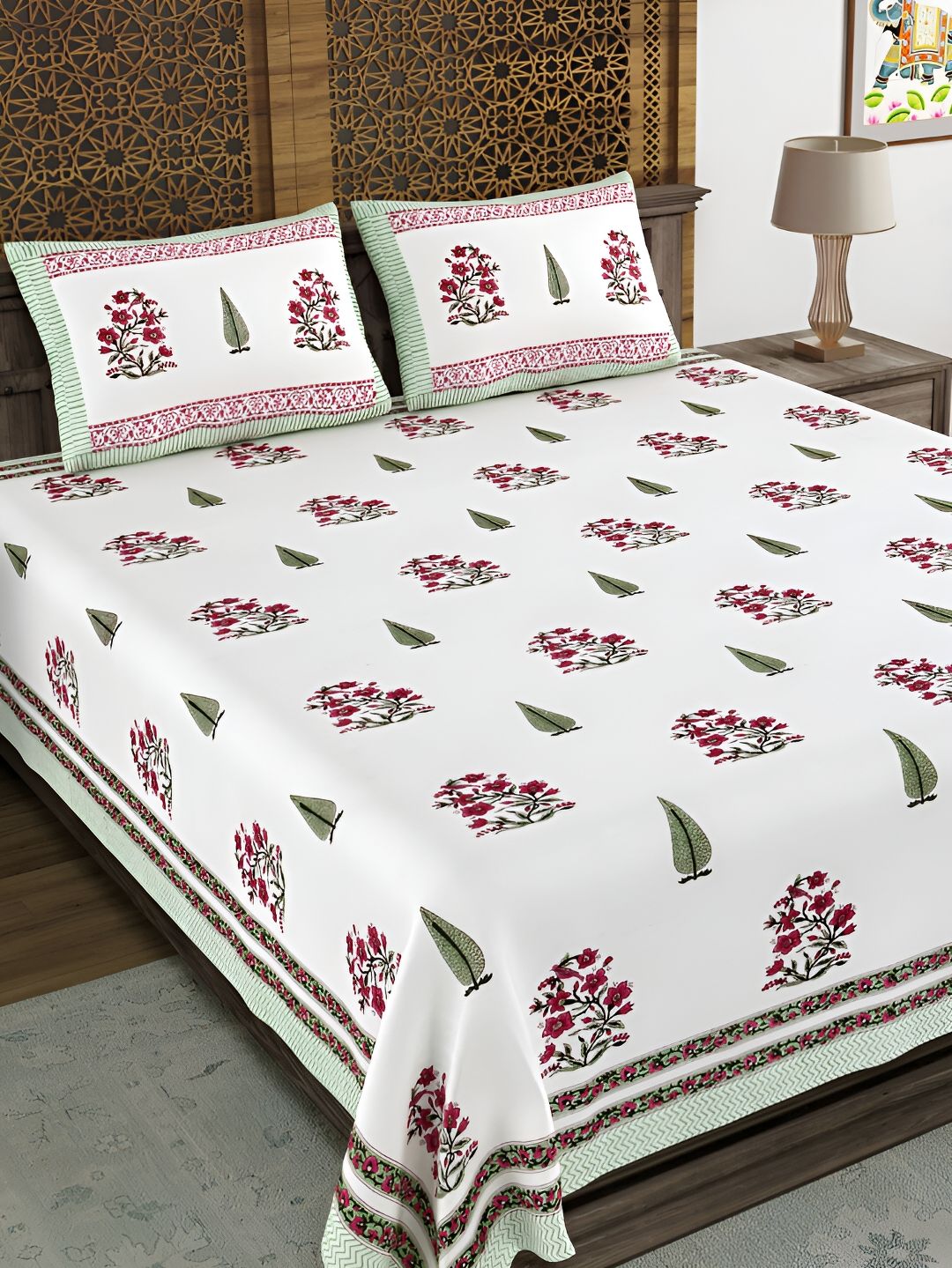 Buy BLOCKS OF INDIA White Floral Cotton 210 TC King Fine Bedsheet With 2 Pillow Covers 94 X 108 Inches -  - Home for Unisex
