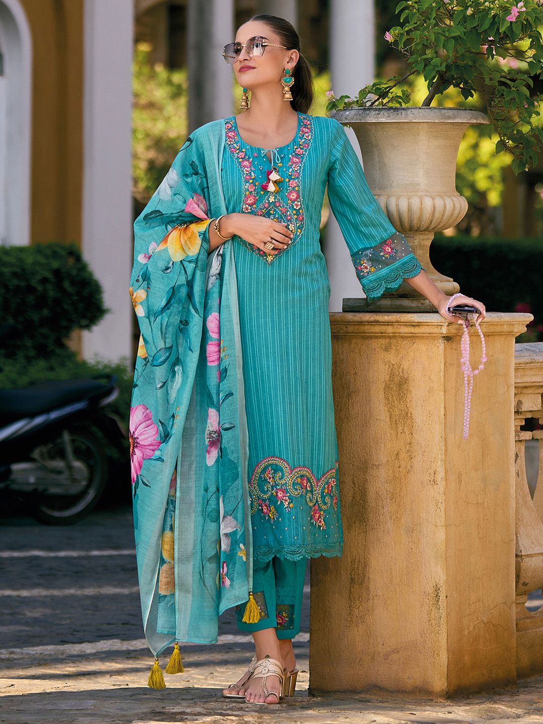 Indo Era Floral Embroidered Pure Cotton Straight Kurta with Trousers & Dupatta
