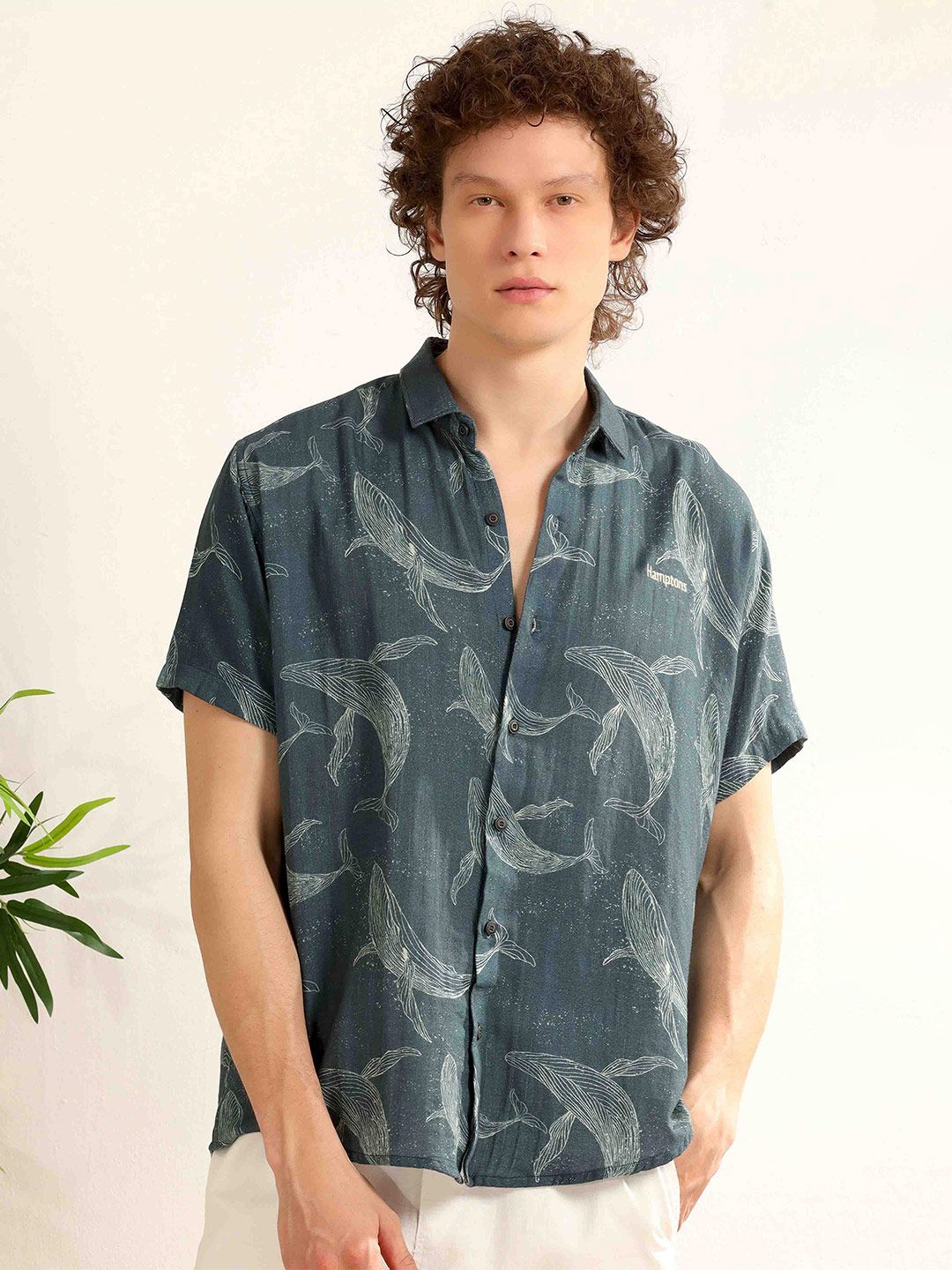 HAMPTONS Founder's Fav Whale Cotton Regular Fit Blue Printed Shirt