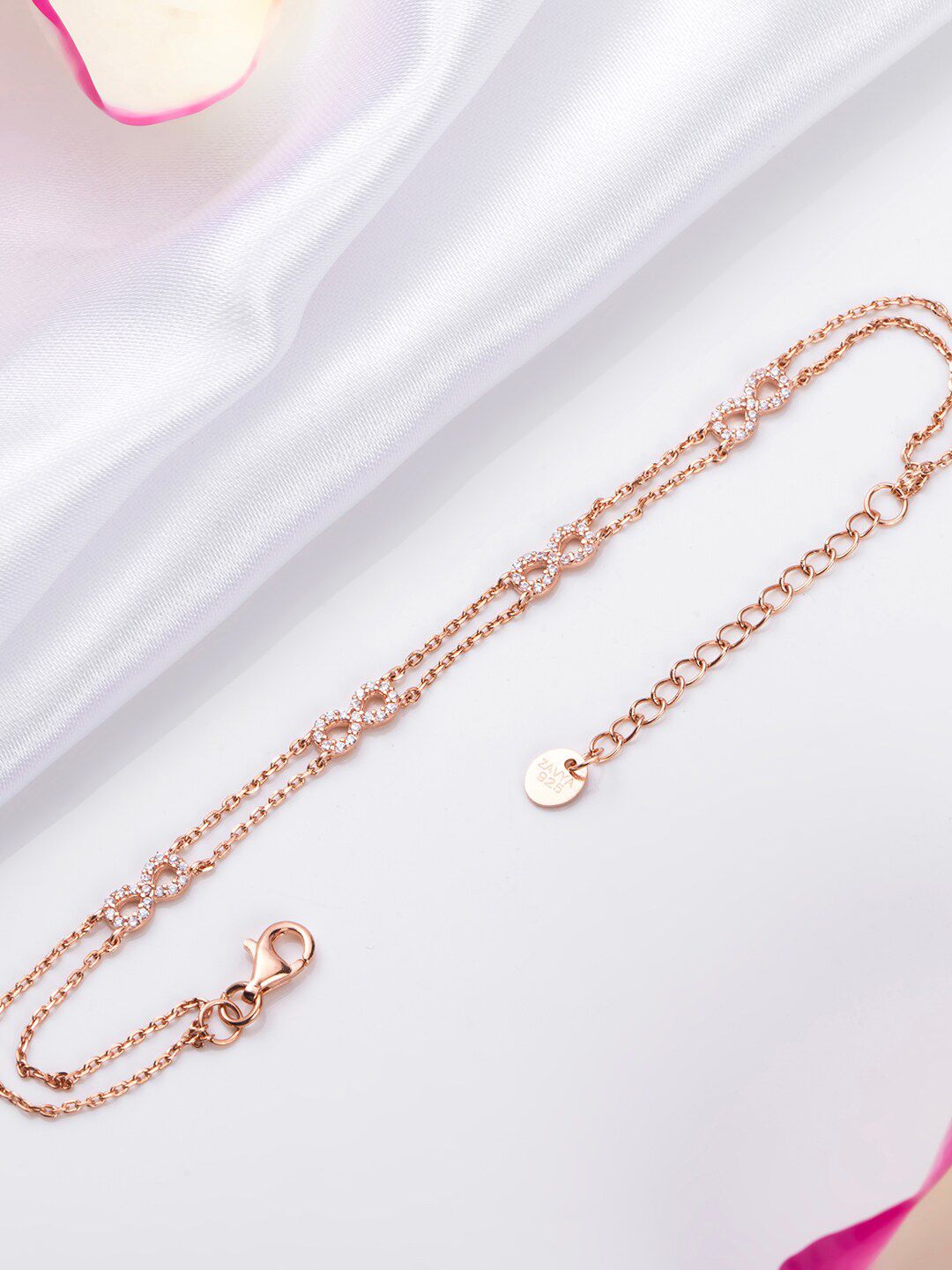 Zavya 925 Pure Silver Cubic Zirconia Rose Gold-Plated Link Bracelet