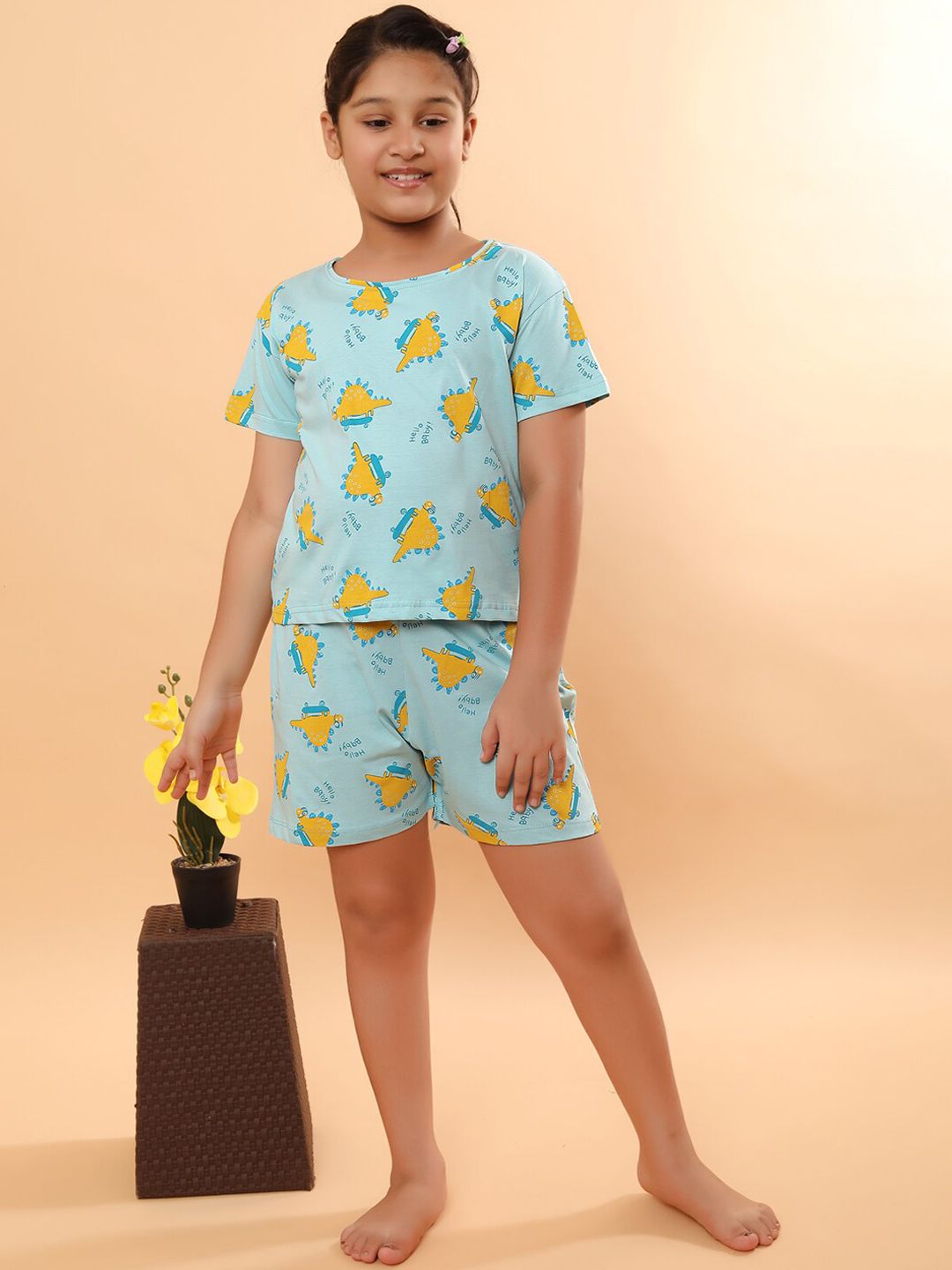 Ninos Dreams Girls Blue Printed Pure Cotton Night suit