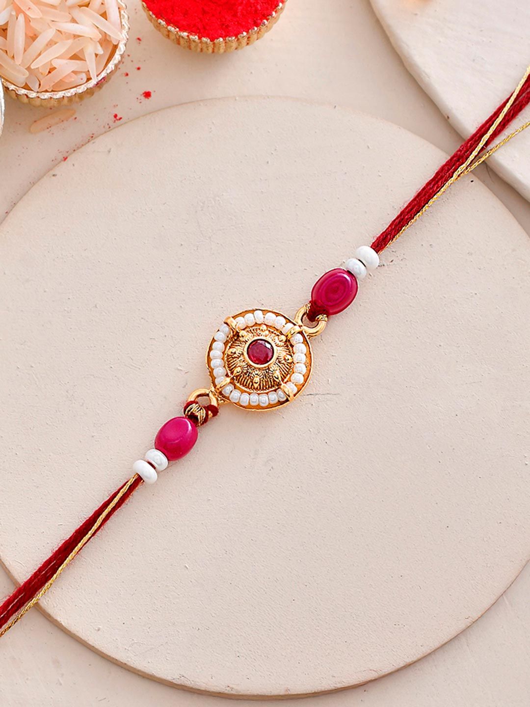 White Pearls And Red Beads Mens Rakhi For Brother