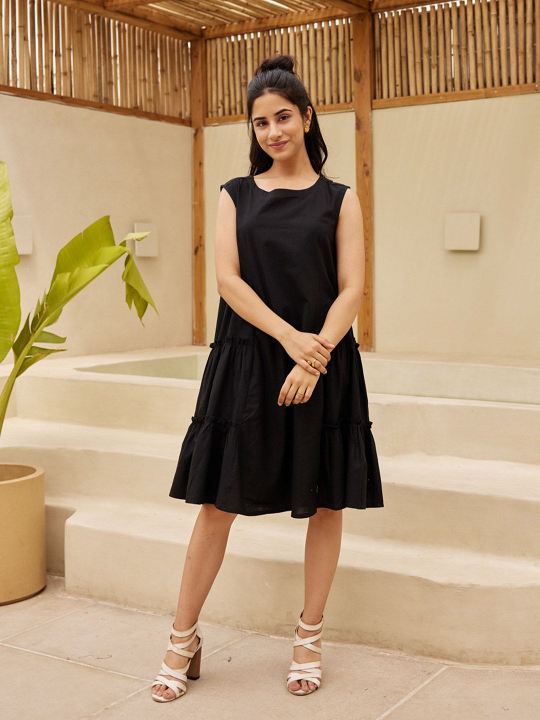Ambraee Solid Black Bishop Sleeves Mandarin Collar Tiered Cotton A-Line Dress
