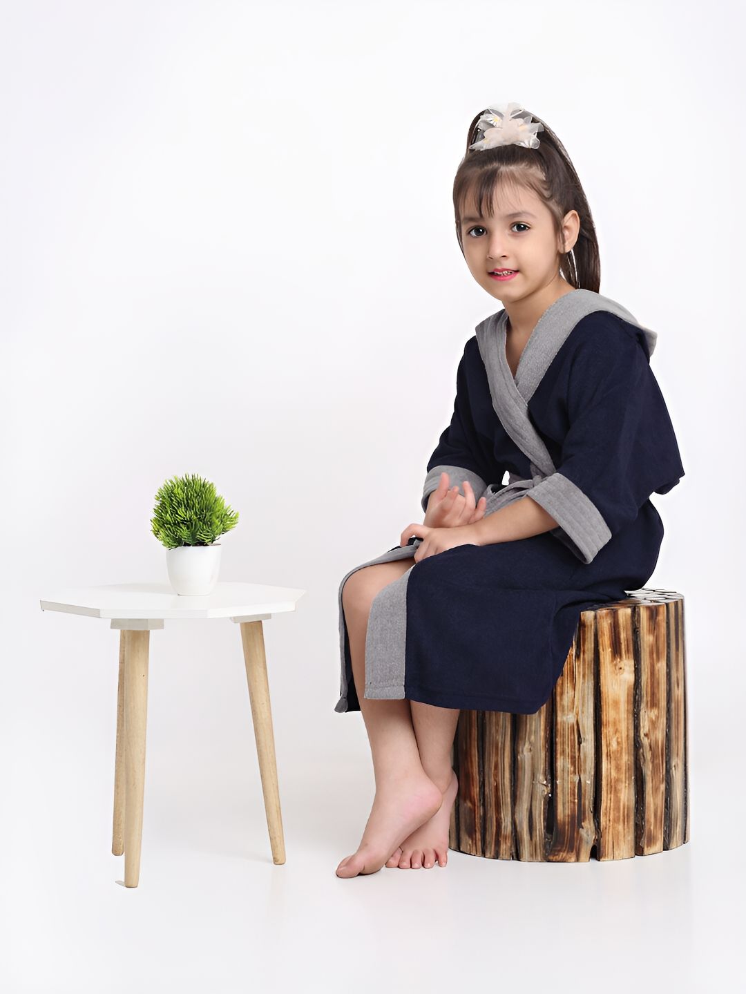 Creeva Melodious Navy Blue Solid Cotton Drawstring Midi Bath Robe-4-5Y