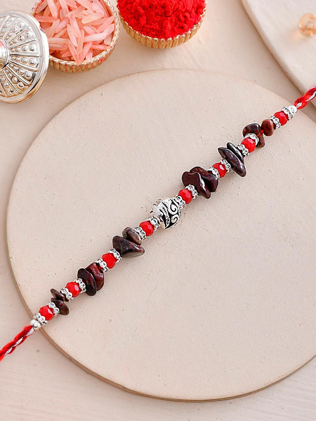 Red Beads Bohemian Motif Thread Rakhi For Brother