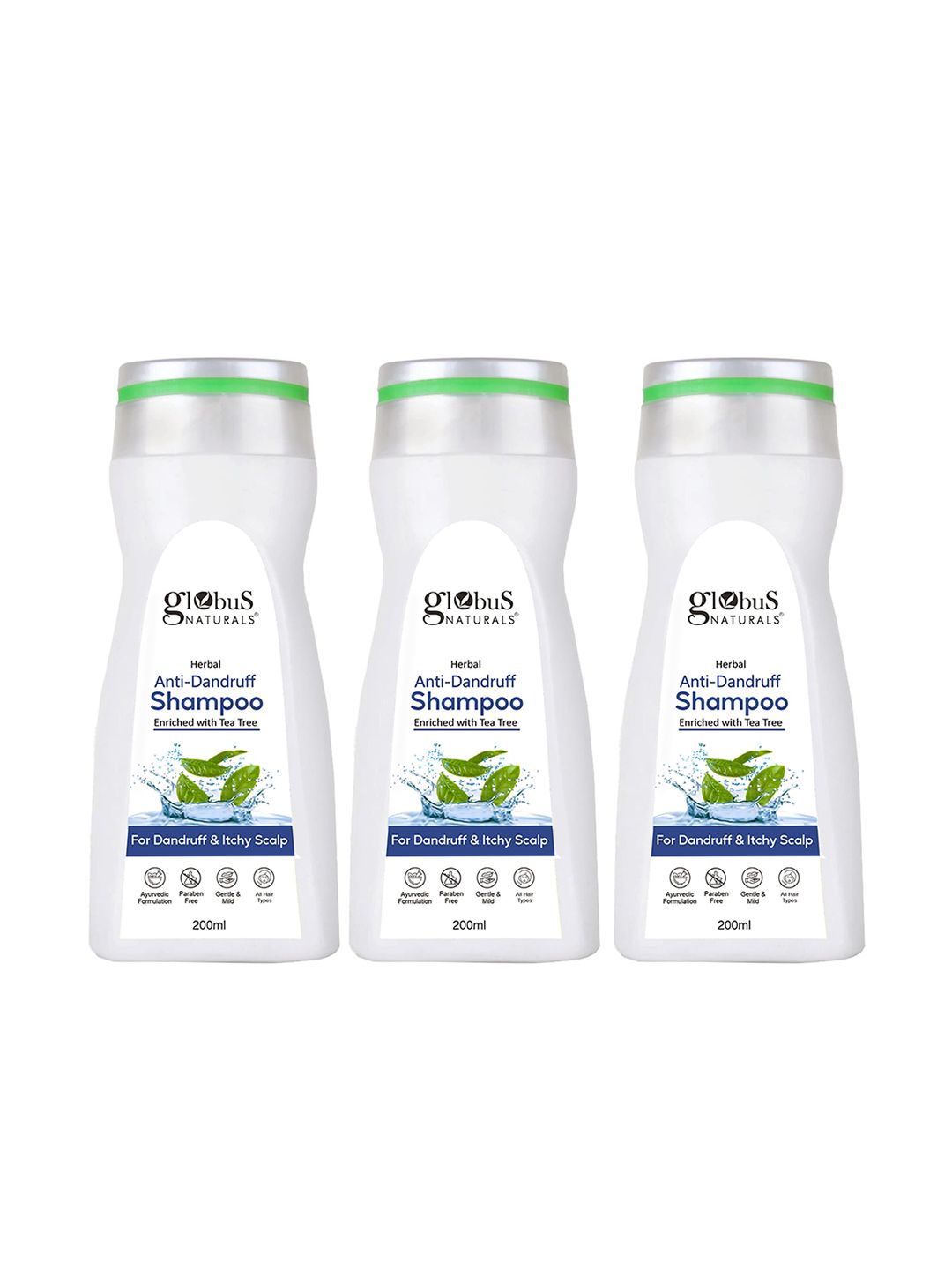 Globus naturals Set Of 3 Green Tea Herbal Anti-Dandruff Itchy Scalp Shampoo - 200 ml Each