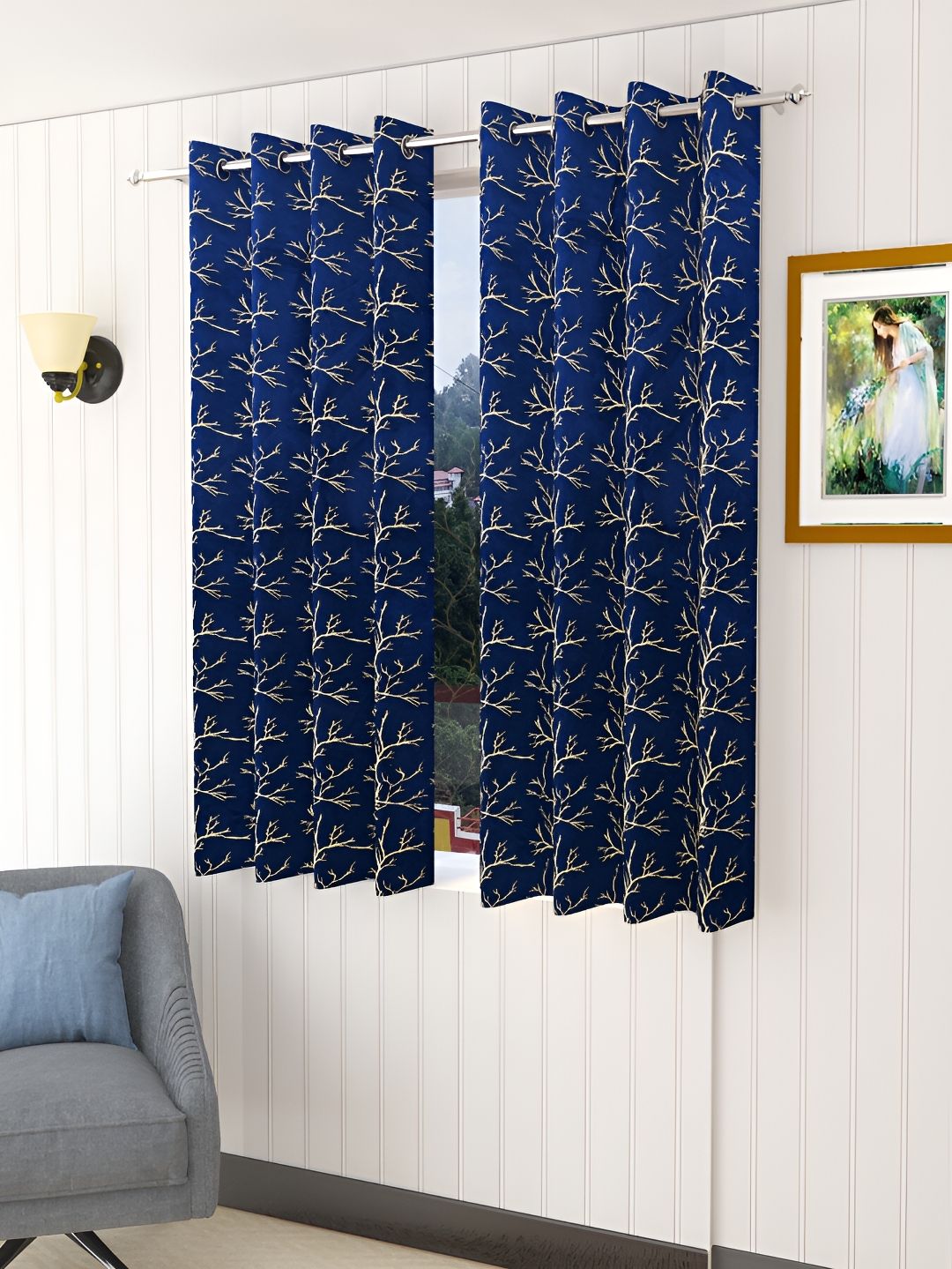 Aura Velfoil Navy Blue 2 Pieces Floral Eyelet Velvet Room Darkening Window Curtains