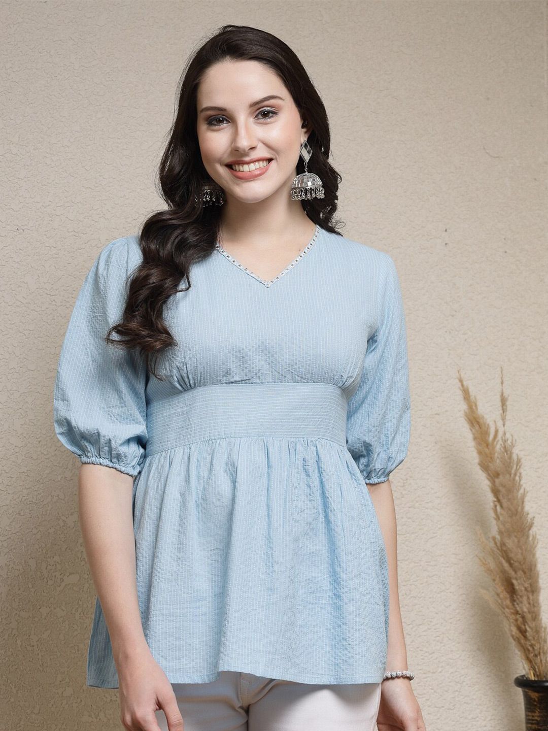 Stylum Puff Sleeve Cotton Empire Longline Top