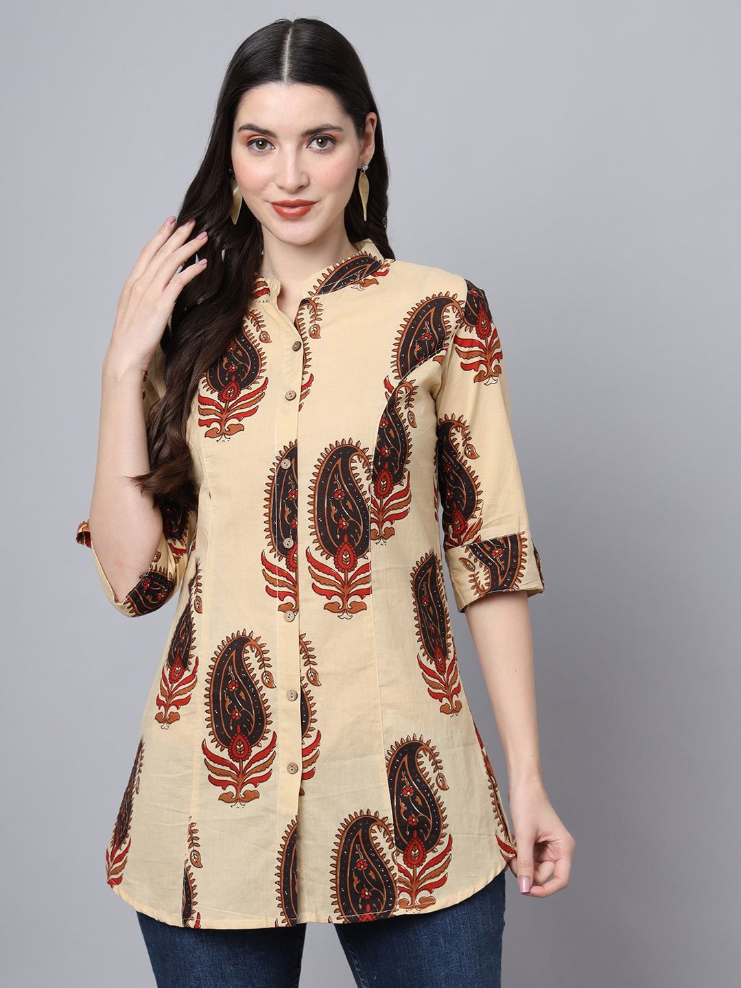 Divena Ethnic Print Mandarin Collar Ethnic Cotton Longline Top