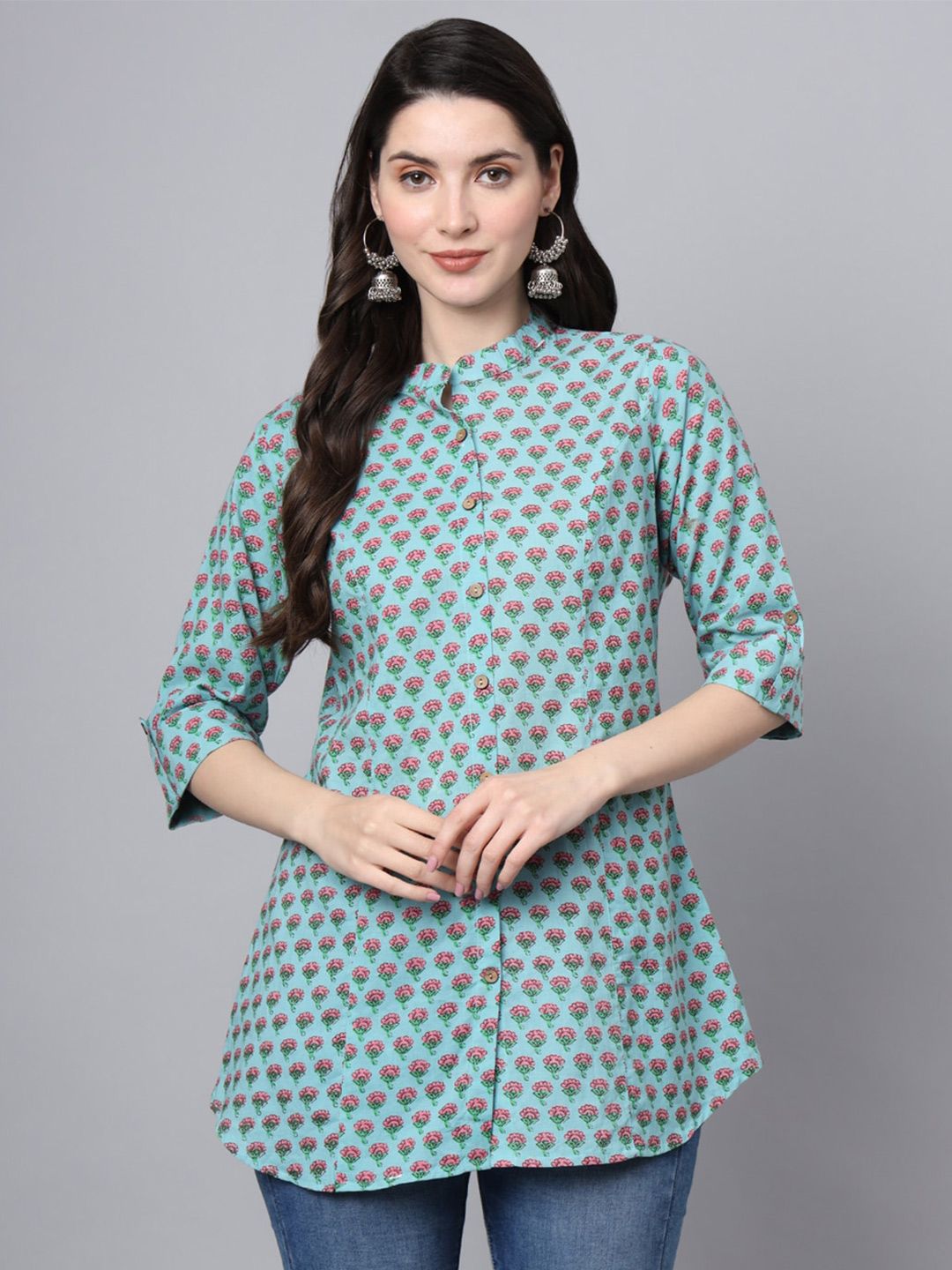 Divena Floral Print Cotton Mandarin Collar Shirt Style Longline Casual Top