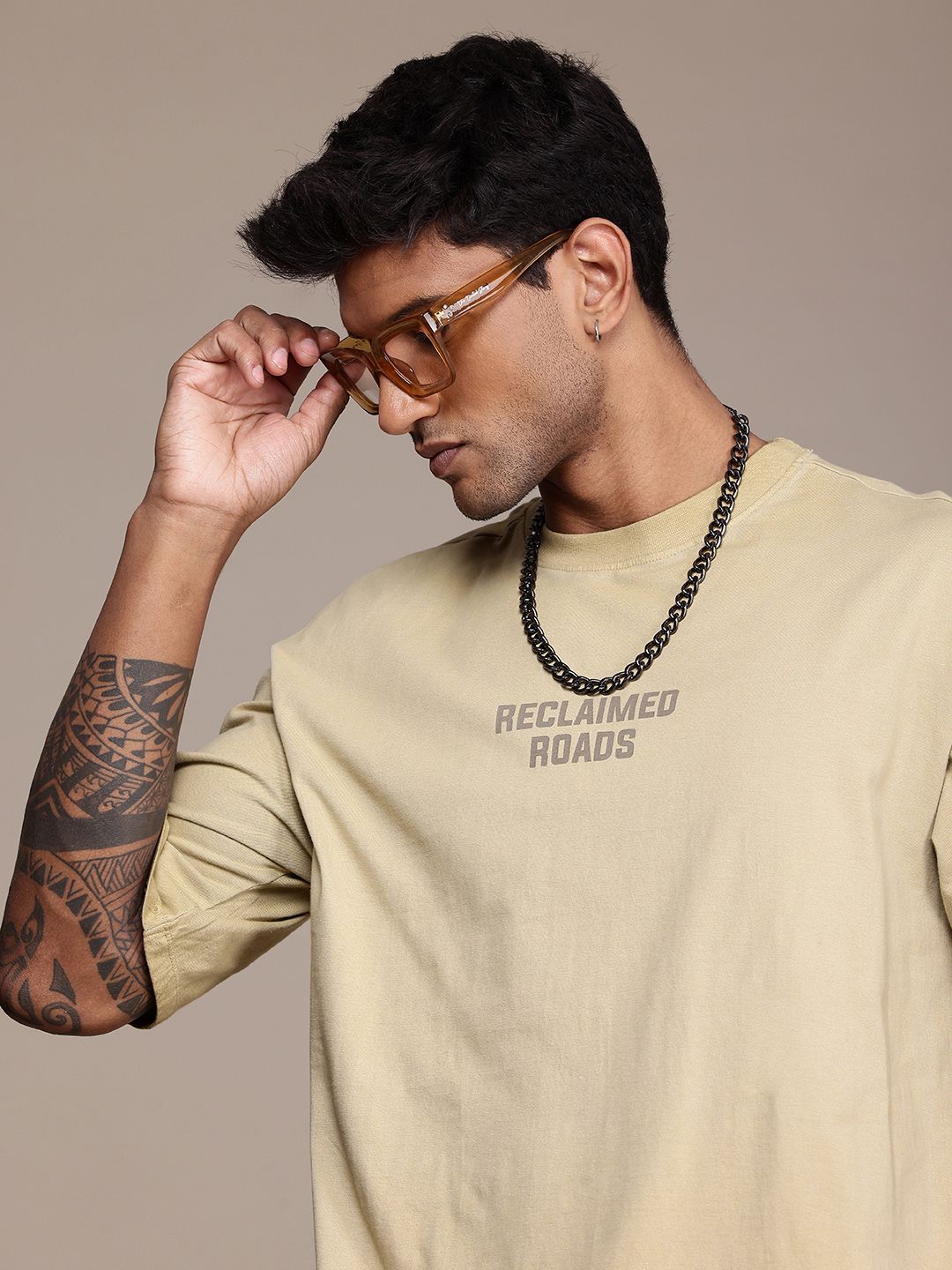 The Roadster Life Co. Printed Drop-Shoulder Sleeves Pure Cotton Relaxed Fit T-shirt
