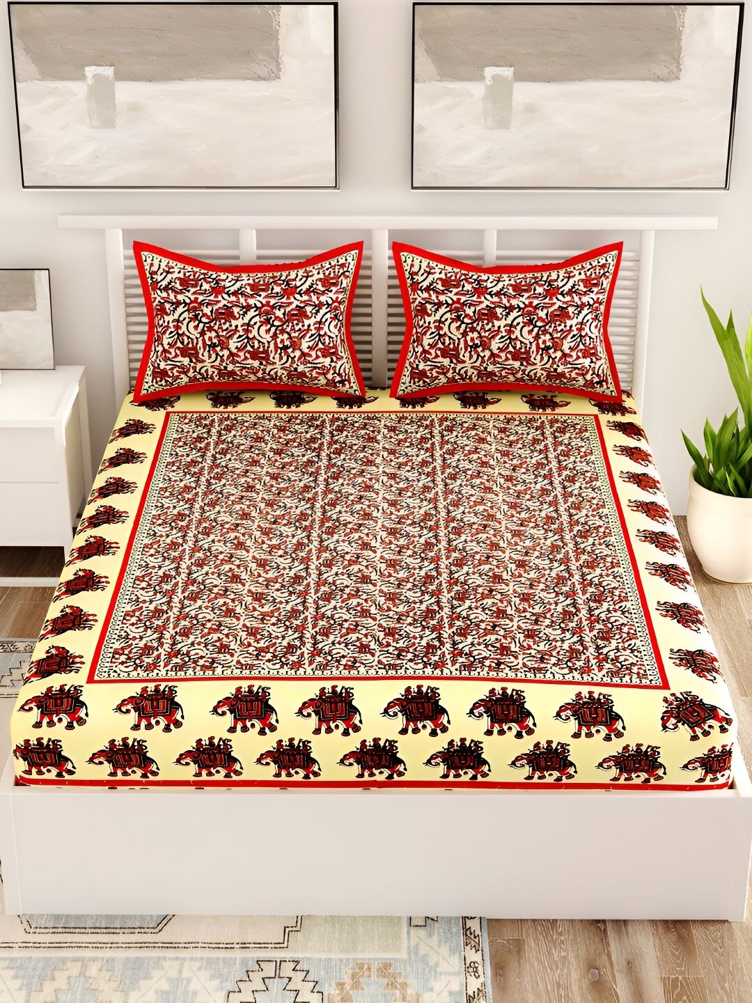 Buy Aura Jaipuri Traditonal Red Ethnic Motifs Cotton 120 TC Queen Bedsheet With 2 Pillow Covers 93 X 85 Inches -  - Home for Unisex