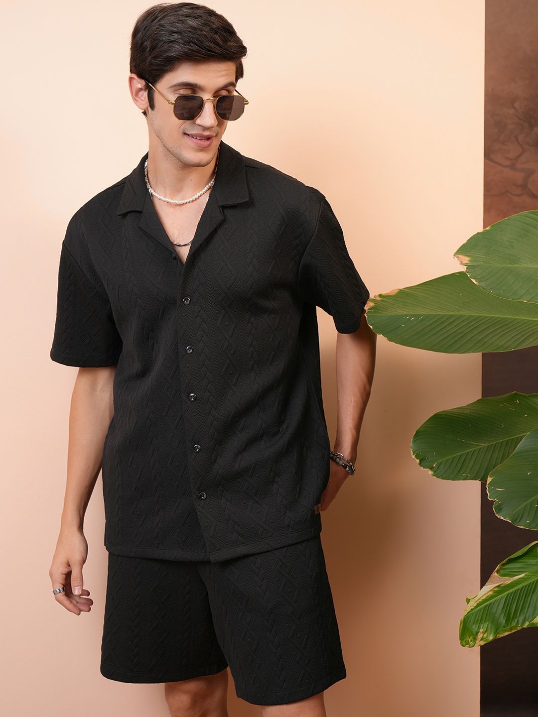 LOCOMOTIVE Premium Quilted Jacquard Cuban Collar Relaxed Shirt With Shorts Co-Ord Set