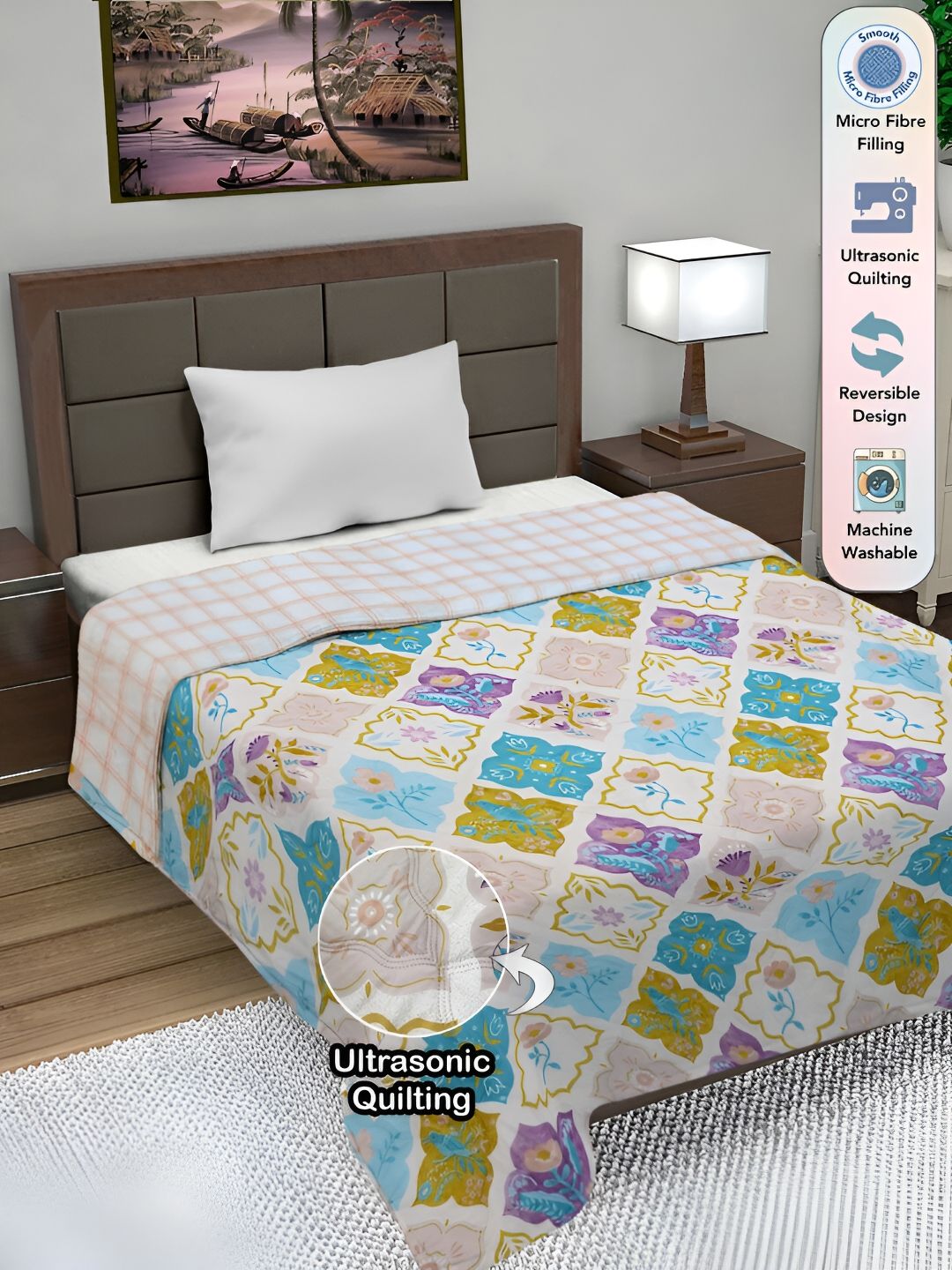 FABINALIV Geometric Ultrasonic Quilted Reversible 350 GSM AC Room Single Bed Comforter