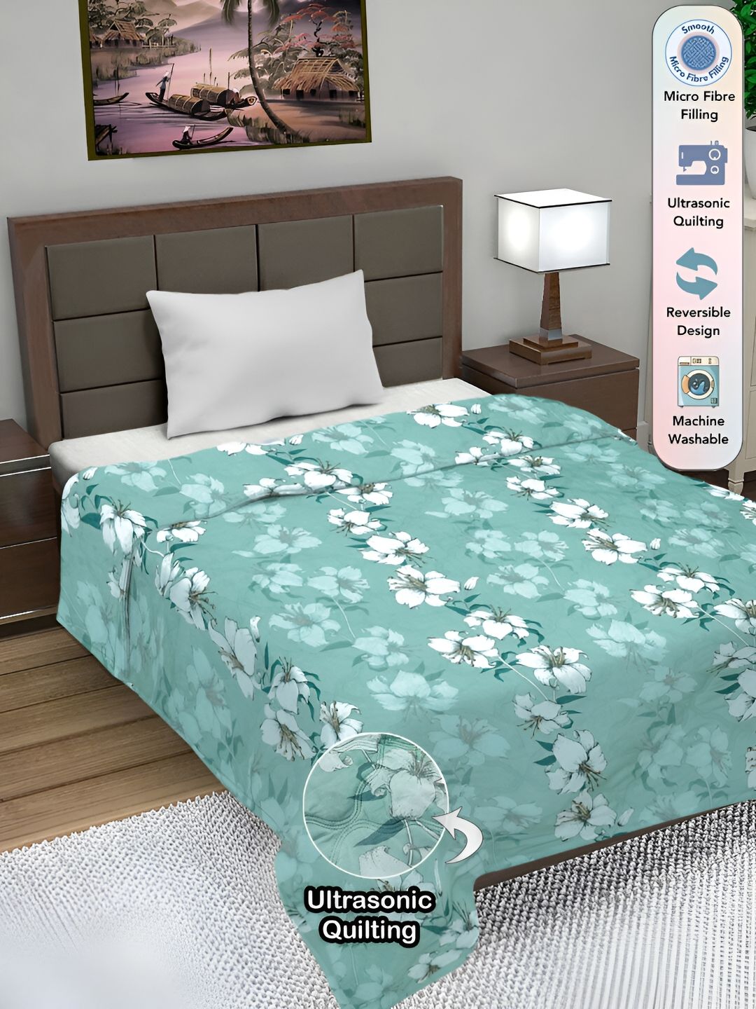 FABINALIV Green Floral Ultrasonic Quilted Reversible 350 GSM AC Room Single Bed Comforter