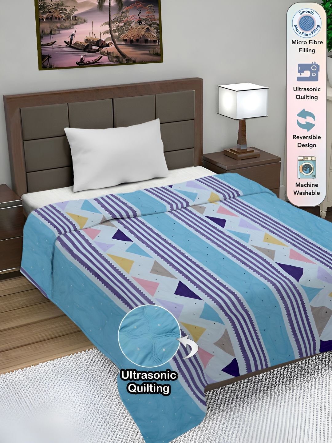 FABINALIV Geometric Ultrasonic Quilted Reversible 350 GSM AC Room Single Bed Comforter