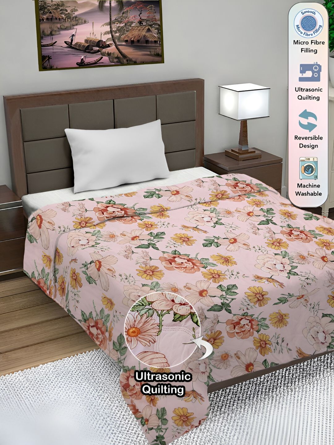 FABINALIV Floral Ultrasonic Quilted Reversible 350 GSM AC Room Single Bed Comforter