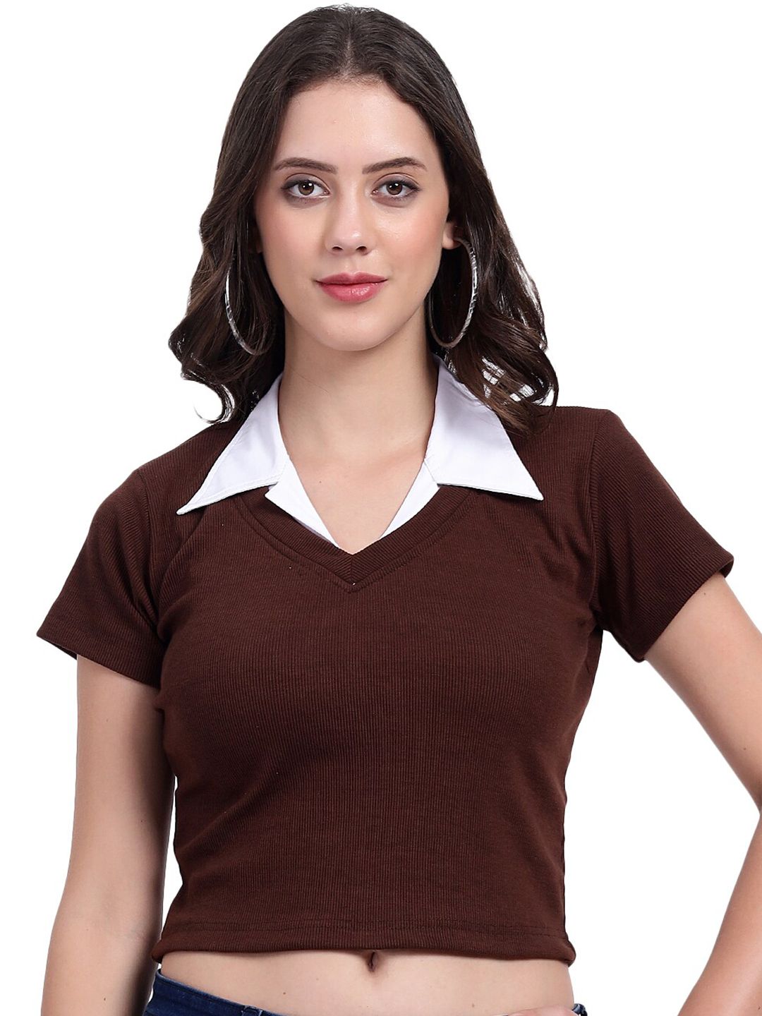 TABADTOD Shirt Collar Printed Crop Top