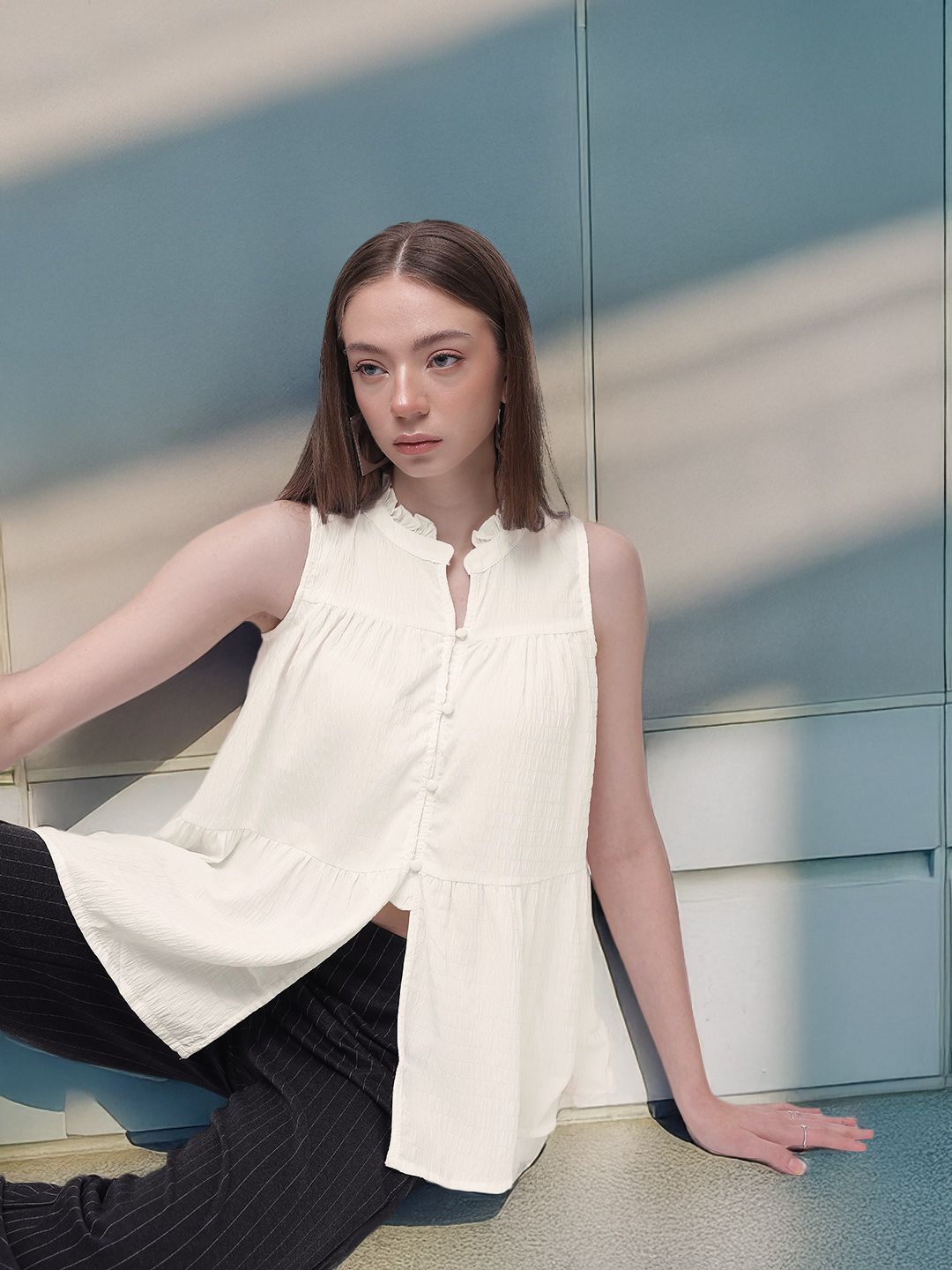 French Connection Mandarin Collar Sleeveless A-Line Longline Top