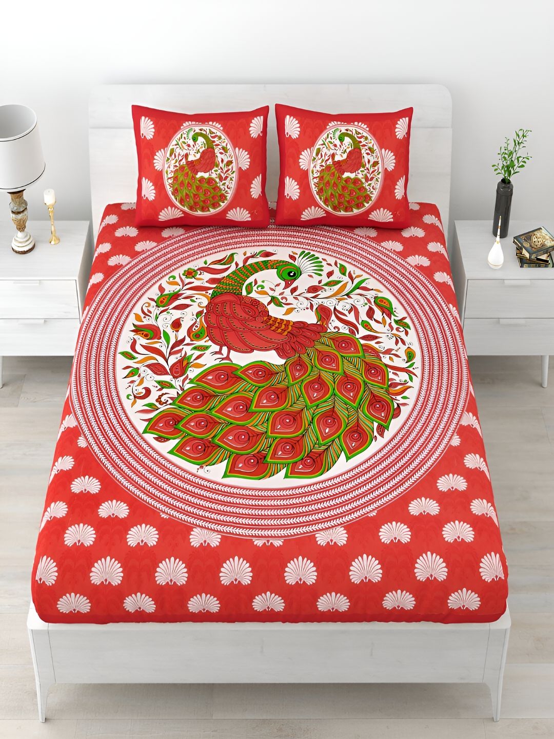 Aura Red Ethnic Motifs Pure Cotton 120 TC Queen Bedsheet with 2 Pillow Covers-93 x 85 inches