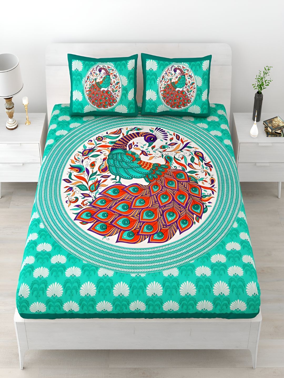 Aura Turquoise Blue Ethnic Motifs Cotton 120 TC Queen Bedsheet with 2 Pillow Covers-93 x 85 inches