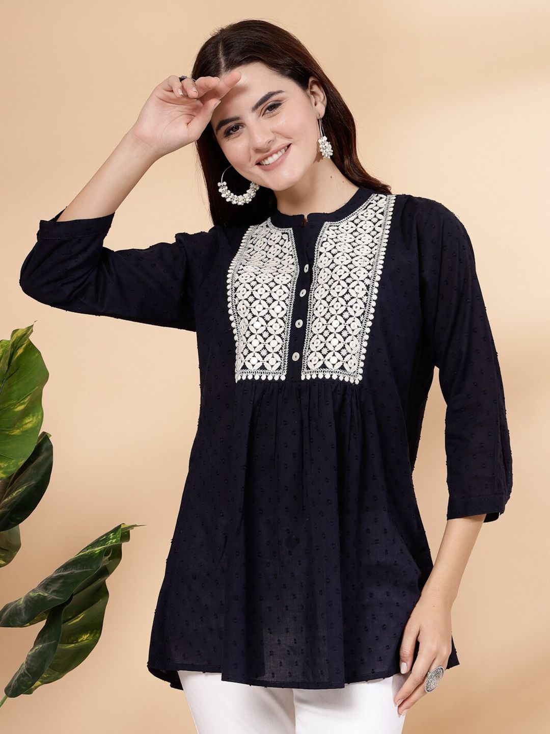 Pistaa Mandarin Collar Embroidered Pure Cotton A-Line Kurti