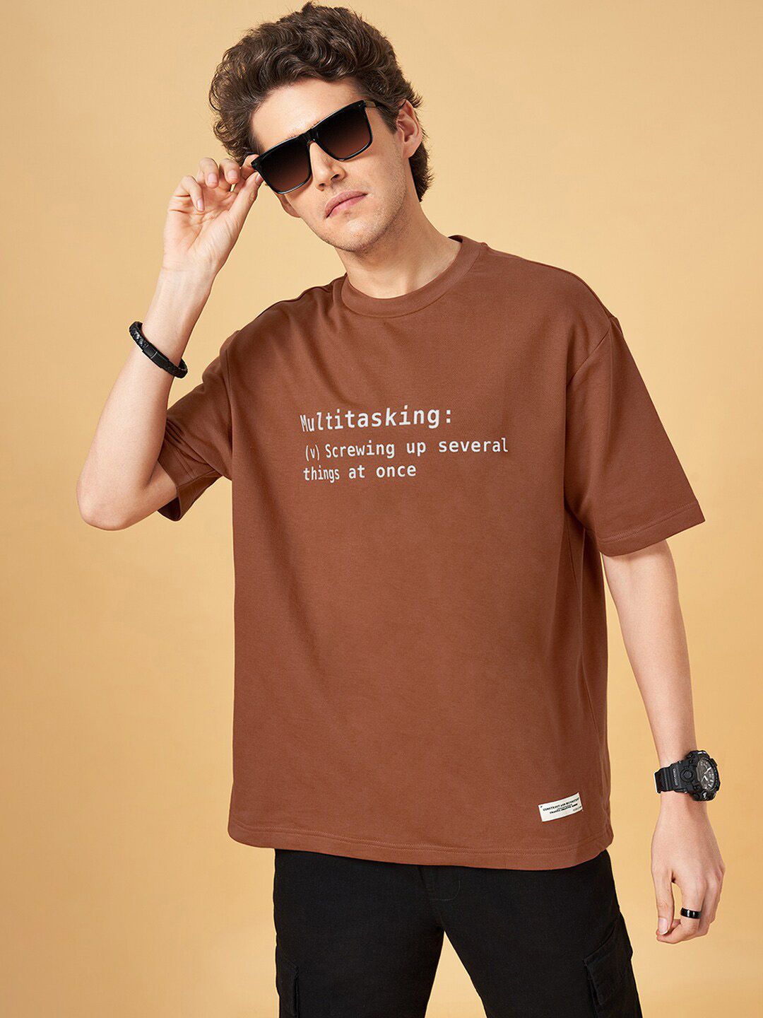 People Brown Typography Printed Drop-Shoulder Sleeves Pure Cotton Casual Boxy T-shirt