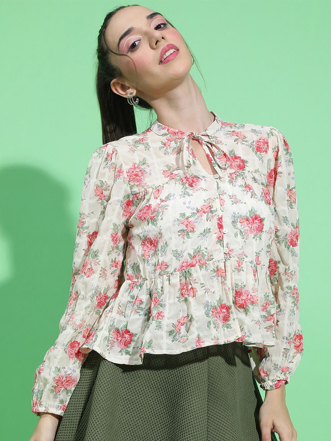 Oxolloxo Floral Print Tie-Up Neck Peplum Top