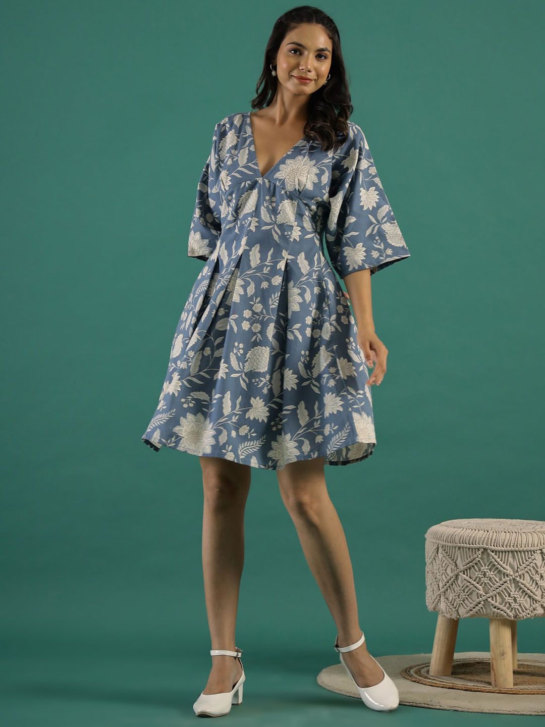 SANSKRUTIHOMES Floral Printed V-Neck Flared Sleeves A-Line Cotton Ethnic Dress