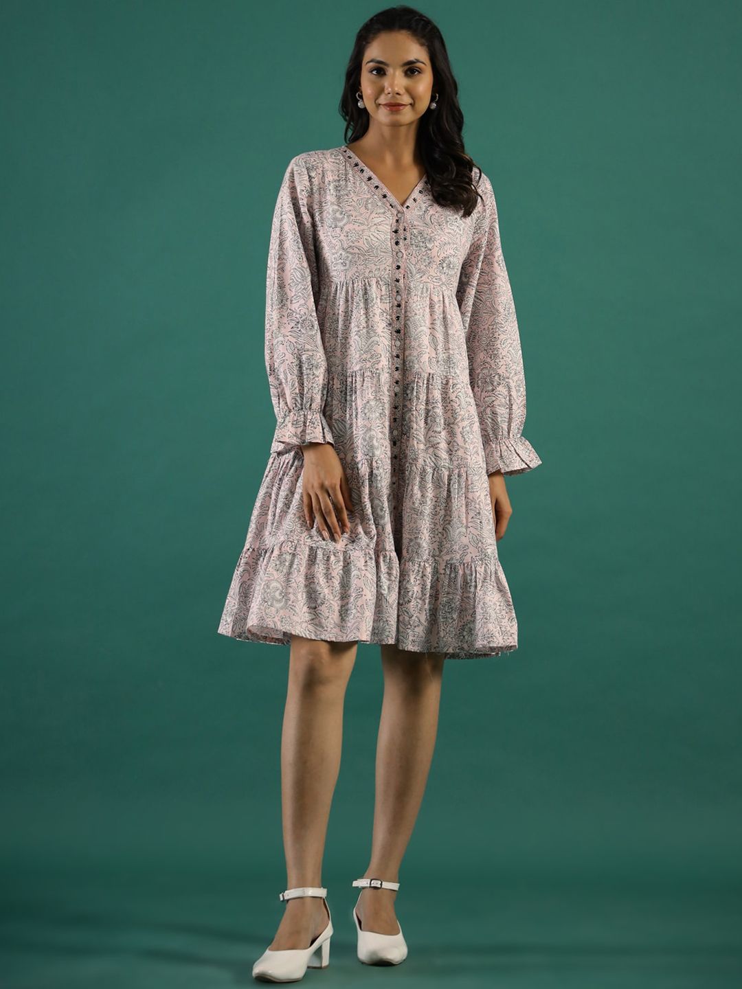 SANSKRUTIHOMES Floral Printed Puff Sleeves Tiered Cotton A-Line Ethnic Dress