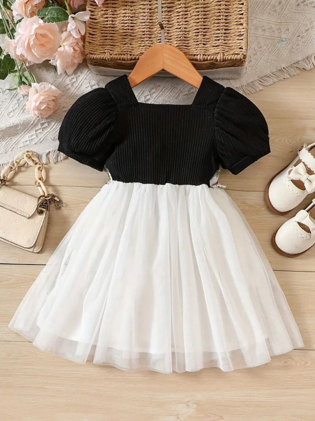 Girls Floral Flutter Sleeve Net Fit & Flare Dress 2