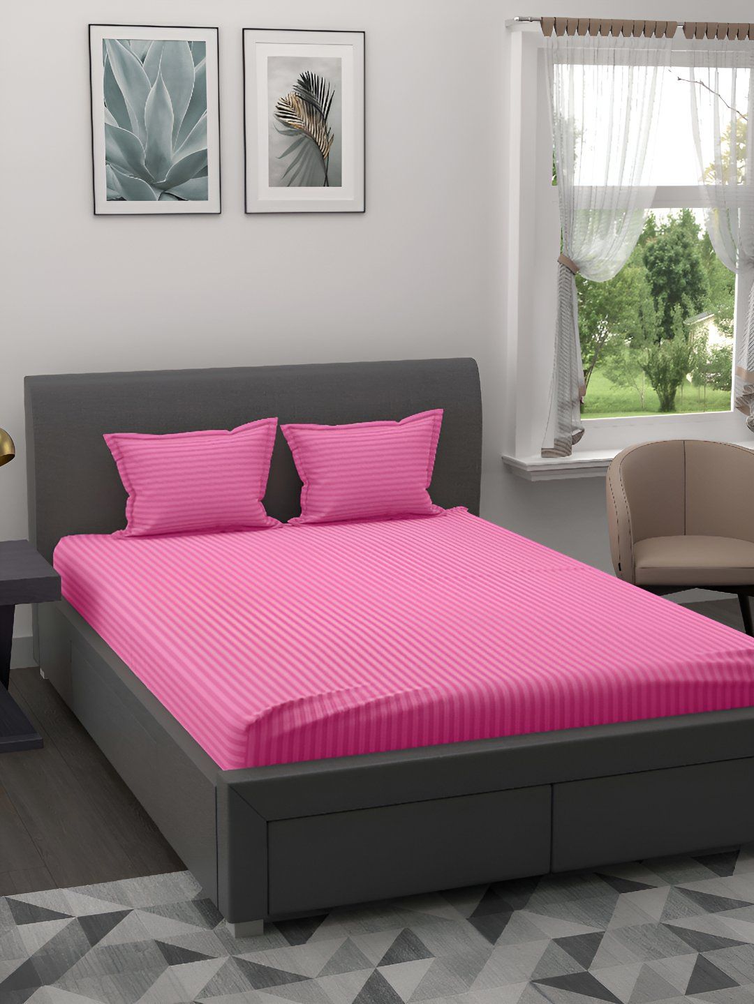 BED-SHEET.COM Pink Striped Cotton 144 TC King Fine Bedsheet with 2 Pillow Covers-107 x 89 inches