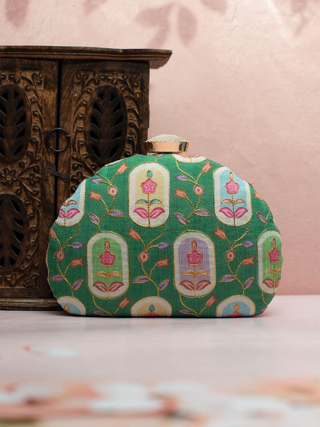 ARTKLIM Floral Printed Embroidered Half Moon Clutch