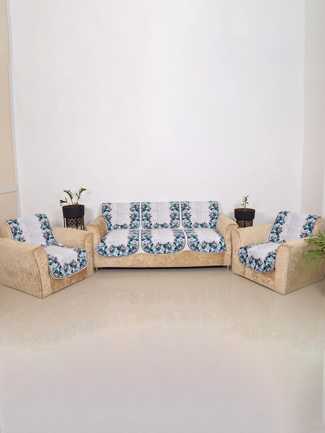 BELLA TRUE Rose vine Blue Floral Polyester Washable 6PC Straight 5 Seater Sofa Cover-27In
