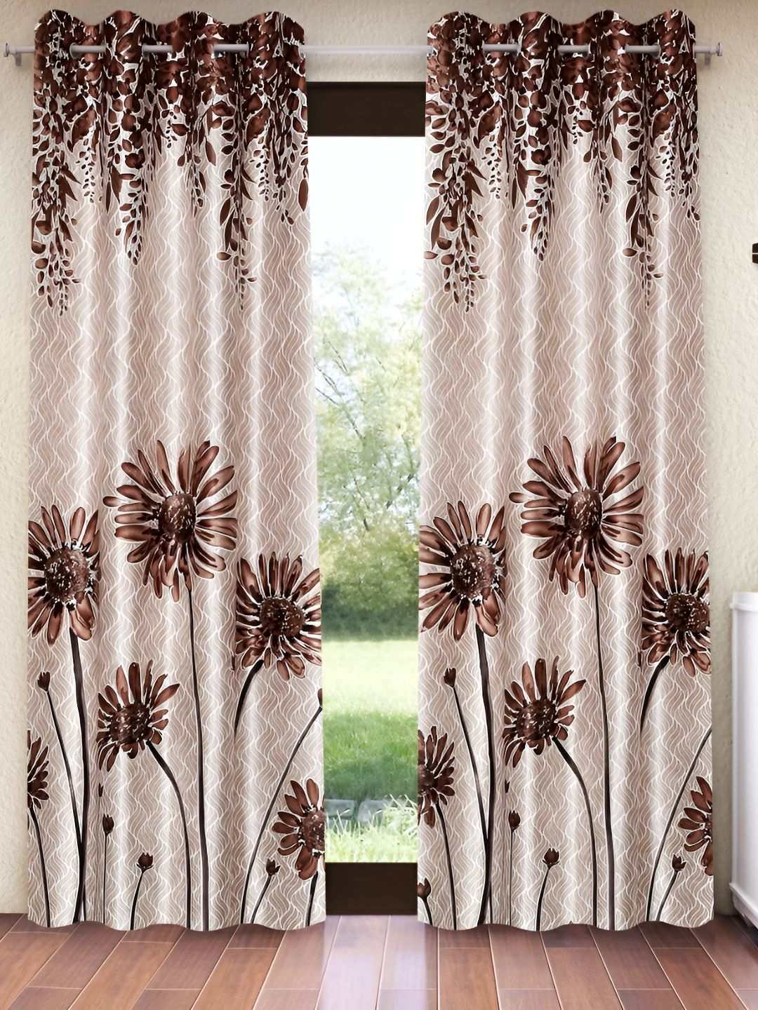 Home Sizzler Brown & White 2 Pieces Floral Door Curtains