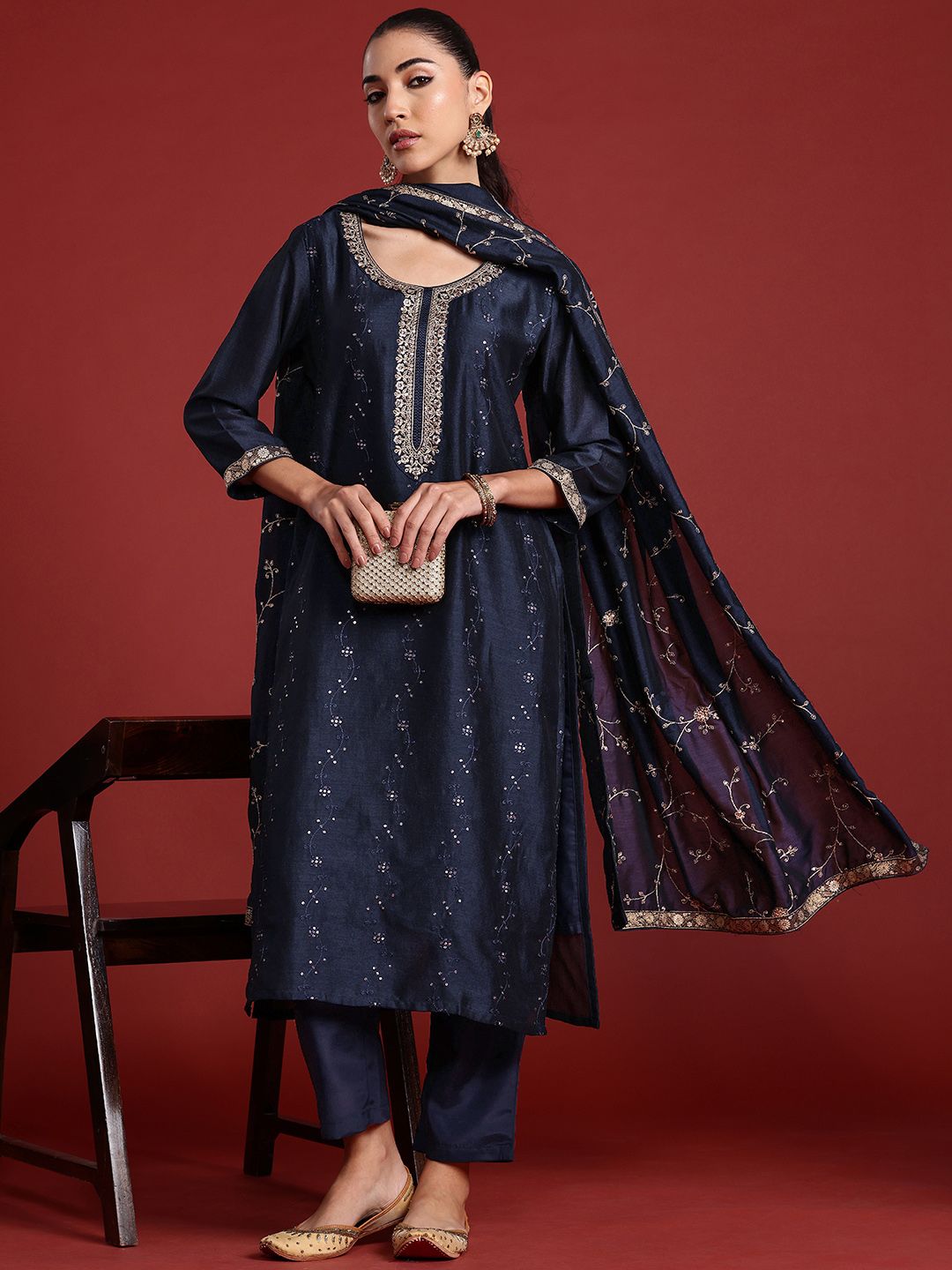 Indo Era Floral Embroidered Sequinned Kurta With Trousers & Dupatta