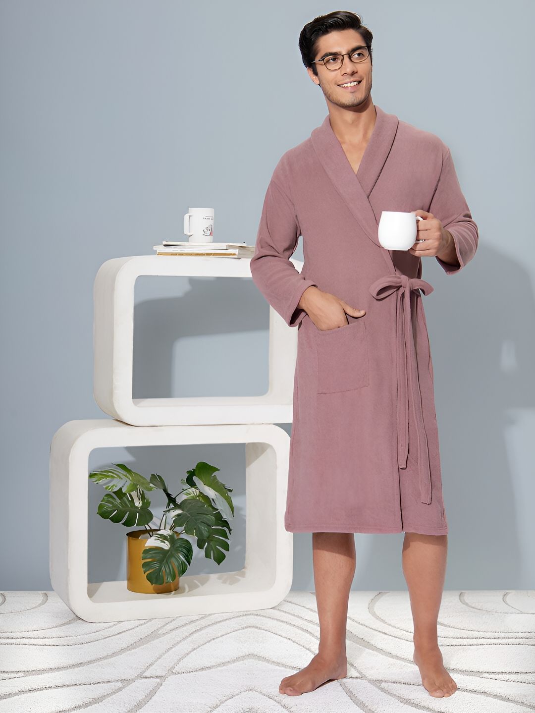 Buy HotGown Double Pink Solid Cotton Drawstring Midi Bath Robe M -  - Home for Men