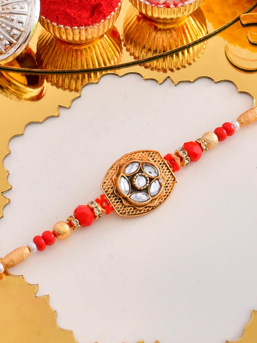 Red Thread Beaded Traditional Motif Rakhi For Brother