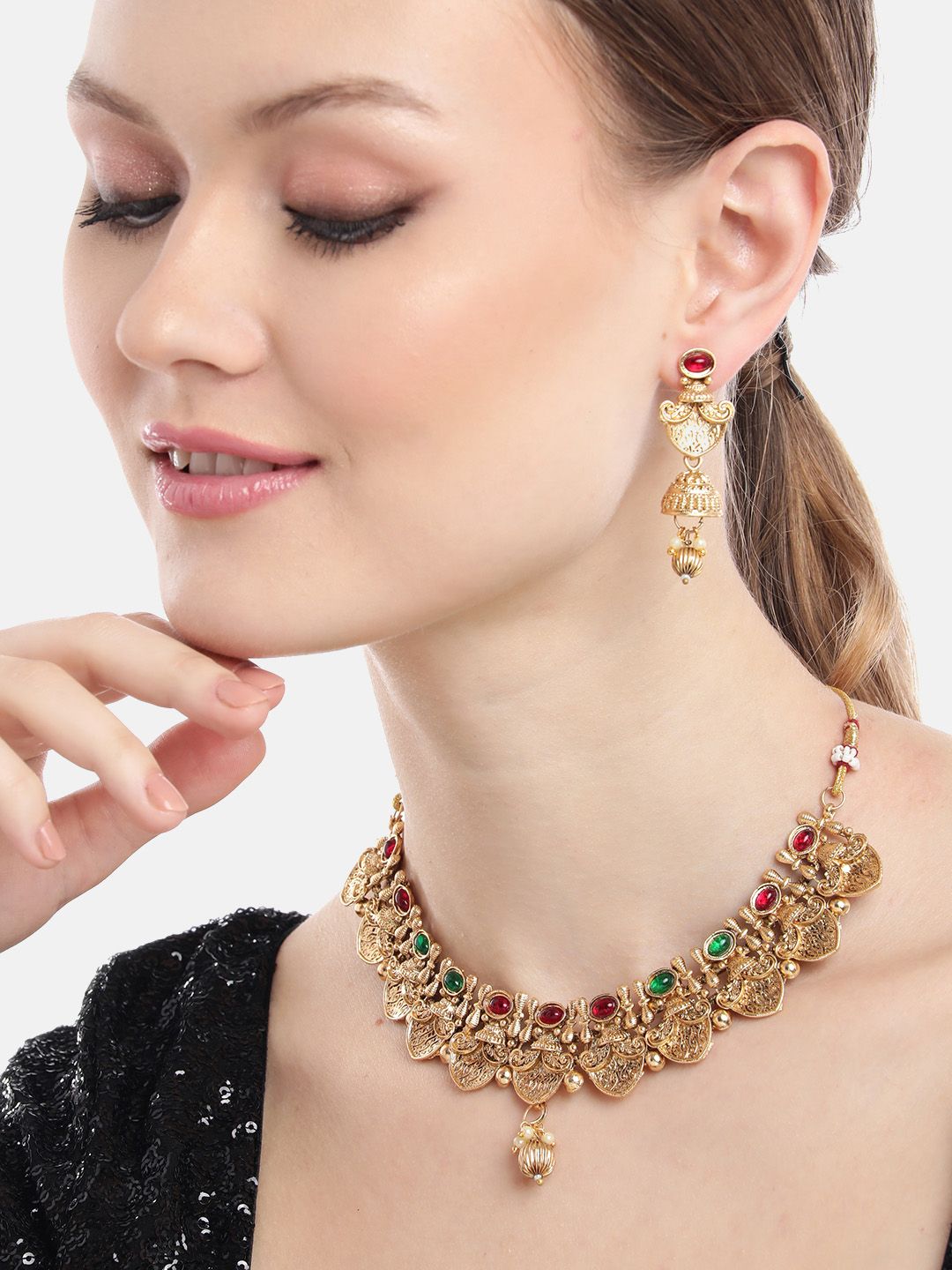 Buy MANSIYAORANGE Gold Plated Artificial Stones Studded & Pearls Beaded Jewellery Set -  - Accessories for Women