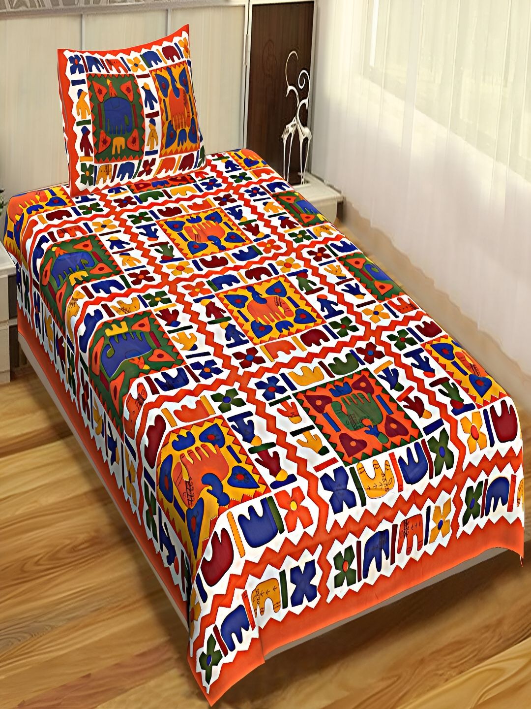Aura Orange & White Geometric Cotton 120 TC Single Bedsheet with 2 Pillow Covers
