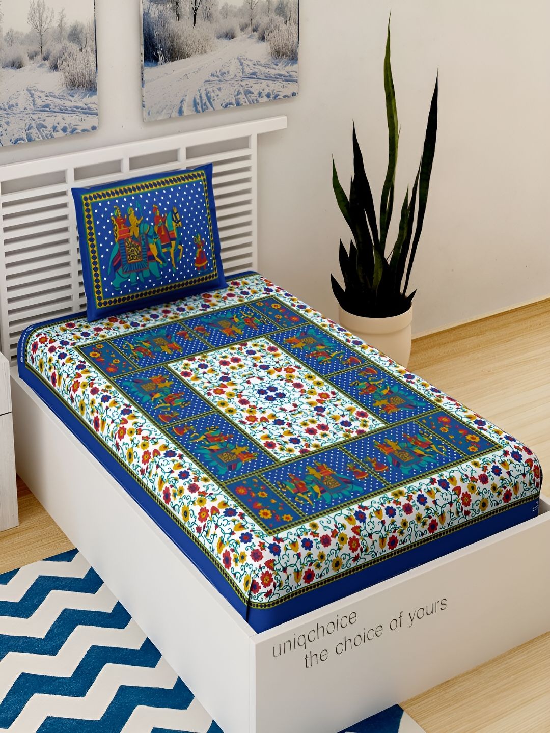 Aura Jaipuri Blue Floral Pure Cotton 120 TC Single Bedsheet with a Pillow Cover-89 x 57 inches