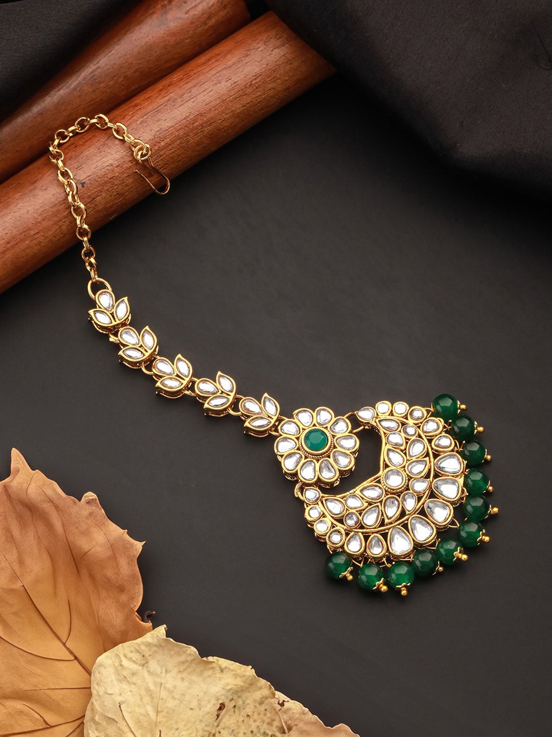 Jazz and Sizzle Women Gold-Plated Kundan Studded Maang Tikka Head Jewellery