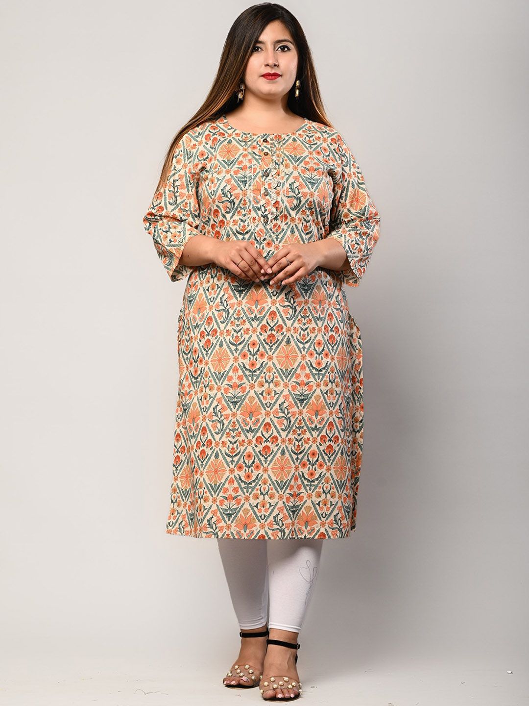 KALINI Ethnic Motifs Printed Flared Sleeves Sequinned Floral Kurta